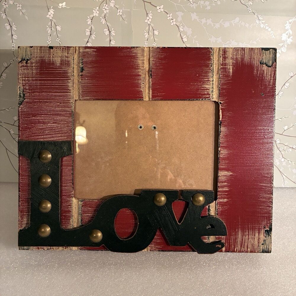 Distressed Red And Black Frame With LOVE and Gold Studs. Holds 5”x7” Photo.